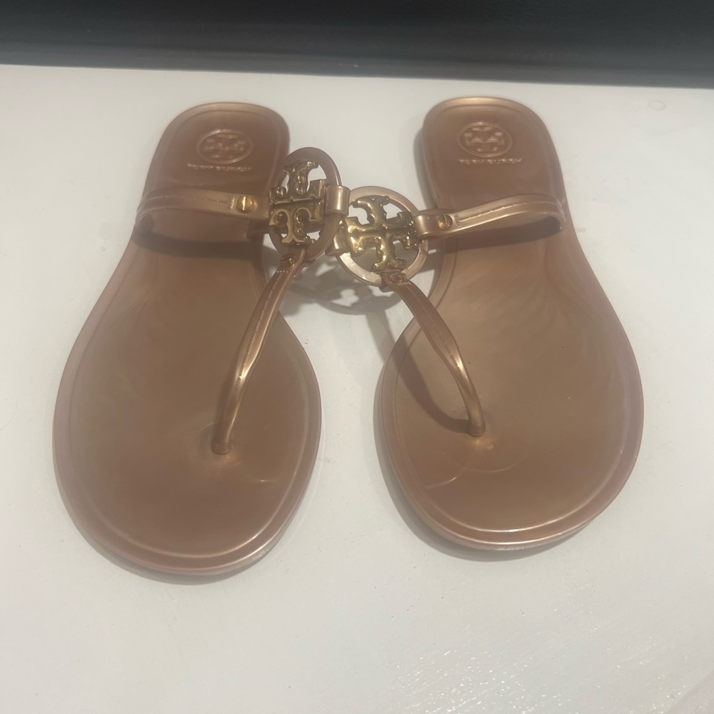 Tory Burch Rose Gold Miller Logo Thong Sandals